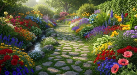 Fototapeta premium A serene garden pathway lined with vibrant flowers and lush greenery on a sunny day