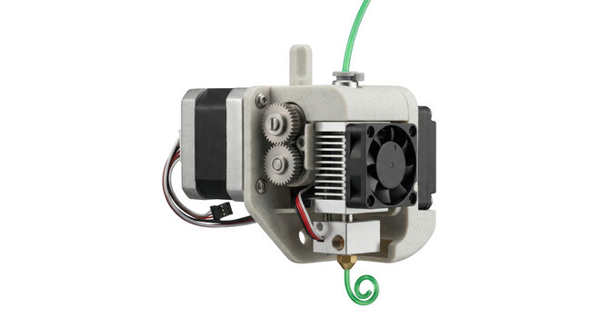 Precision 3D Printer Hotend Assembly with Cooling Fan and Nozzle Component, isolated on transparent background