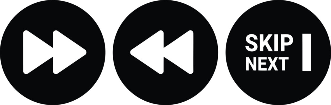 Black Circular Media Control Icons Set with Skip, Forward, and Backward Buttons for User Interface Design