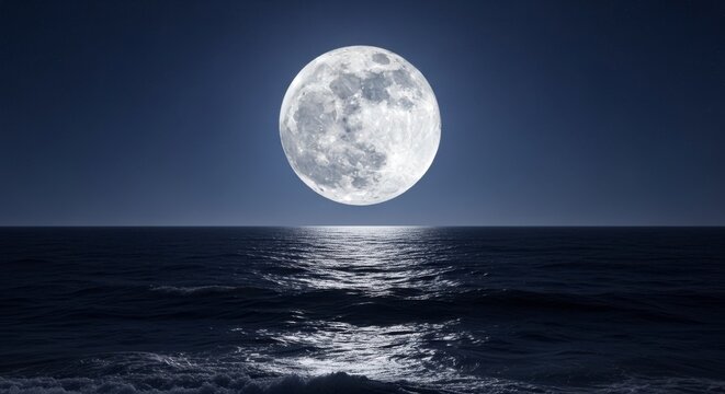 A serene ocean landscape under the light of a full moon in the night sky