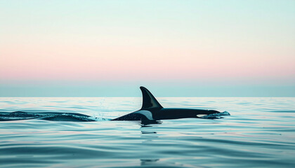 Naklejka premium Single orca breaching in calm ocean, minimalist composition, vast negative space, soft pastel sky background