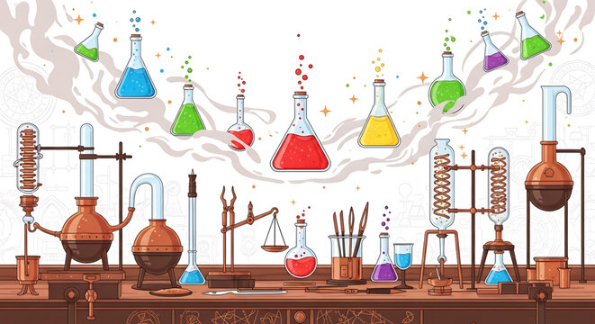 A colorful illustration of a chemistry lab with various equipment and beakers on a wooden table