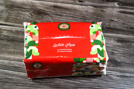 Cairo, Egypt, February 25 2026: Sarai facial tissues, paper handkerchief, class of soft, absorbent, disposable papers, suitable for use on the face, disposable alternatives for cloth handkerchiefs