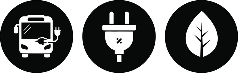 Electric bus eco icons set with plug and leaf symbols for sustainable transportation and green energy concepts © Taslima