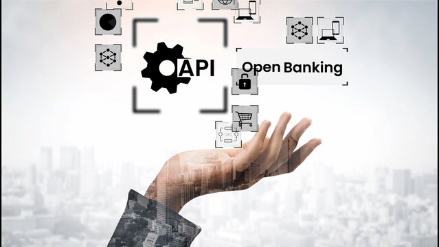 Hand Reaching for Open Banking Concept with API Symbols and Digital Icons in the Background Representing Financial Technology and Innovation Gluon.