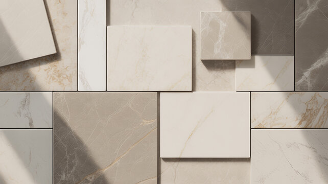 Luxury marble tile composition in neutral tones arranged in modern geometric layout. Elegant interior design concept with premium textures and minimal aesthetic.