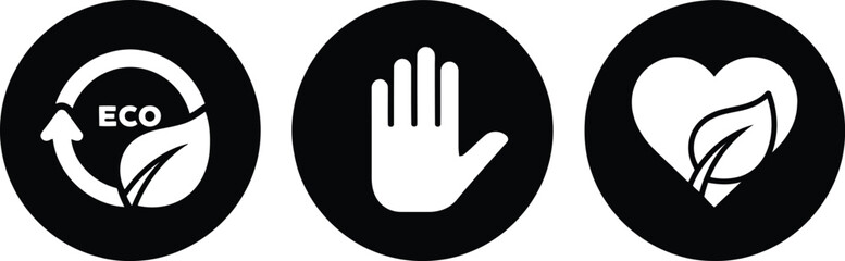 Fototapeta premium Eco Friendly Icons Set – Sustainable, Recycle, Hand Protection, Nature, Black and White Vector Symbols
