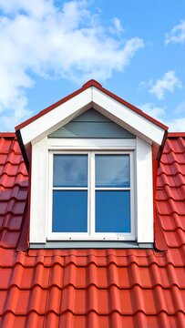 Close-up of a house roof with a dormer window against blue sky