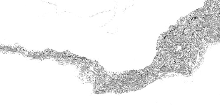 Black and white topographic contour lines depicting a winding river or coastline with textured terrain