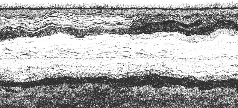 Cross section of earth layers with grass on and wavy strata below