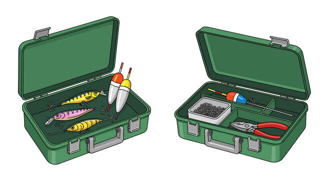 Open Fishing Tackle Box with Lures, Floats, Hooks, and Pliers