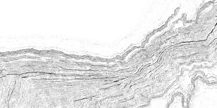 Black and white topographic map lines depicting geological strata and mountain contours abstract
