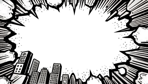 A black and white comic book style illustration of a city skyline with a large explosion or burst of energy emanating from the center