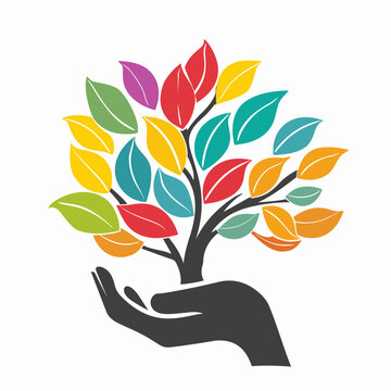 A hand supports a tree with colorful leaves, symbolizing growth and environmental care