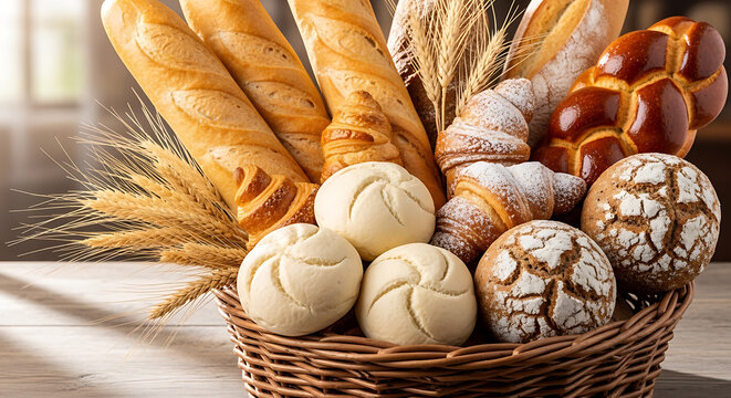 Assortment of freshly baked bread rolls and baguettes in a wicker basket on a wooden table
