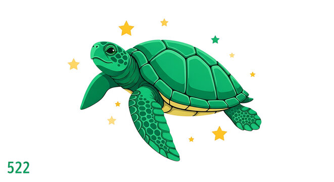 A vibrant green turtle swimming surrounded by yellow and green stars