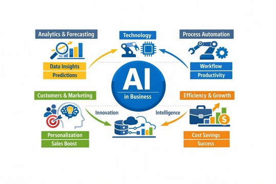 Artificial intelligence in business infographic showing key areas of corporate progress. Diagram illustrating process automation, data analytics, marketing, and efficiency technology.