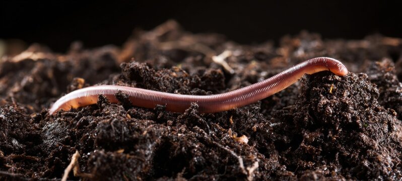 The earthworm crawling across rich dark compost soil in closeup view