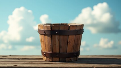 Fototapeta premium A wooden bucket sits on top of a wooden table, great for use in rustic or farmhouse-themed settings
