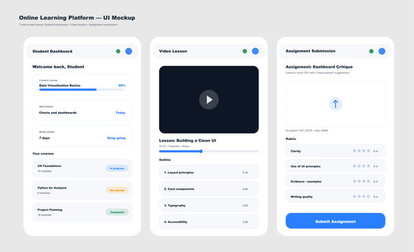 Online Learning Platform UI Mockup with Lesson and Assignment. Clean online learning platform UI mockup featuring a student dashboard, video lesson screen. Vector screens for mobile App