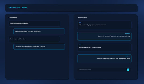 AI Assistant Center Dashboard UI with Chat Panels. Dark futuristic AI assistant dashboard interface with conversational panels, task prompts, automated replies. Vector template UI chat