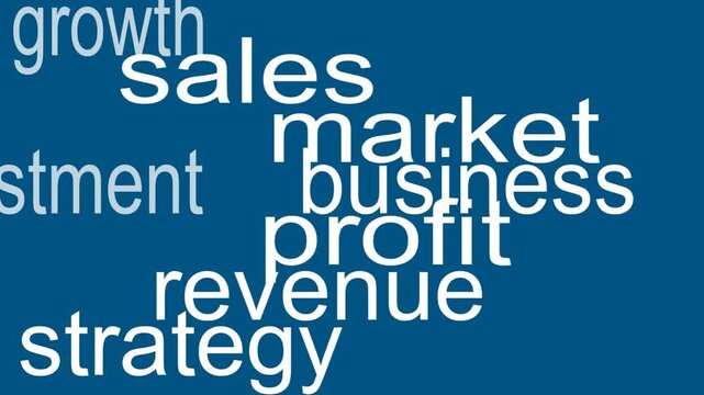 Overlapping white words product growth sales market investment customer business profit revenue brand strategy fill solid blue background in layered typographic composition.