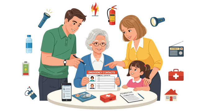 Family creating emergency contact list for senior isolated on white background