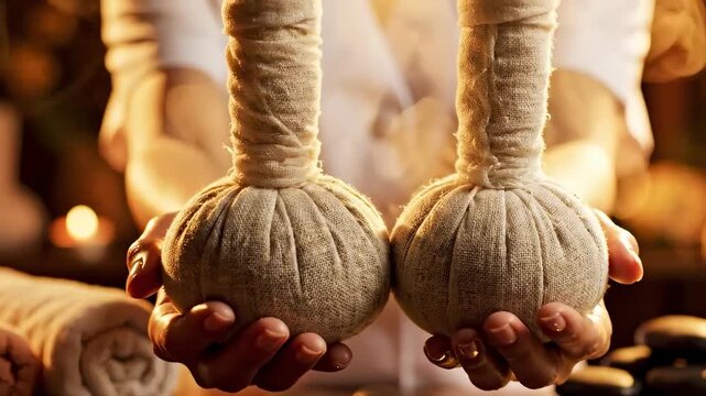 Massage therapist holding warm herbal compress balls for a spa treatment. Close-up of traditional Thai massage tools with steam in a wellness center