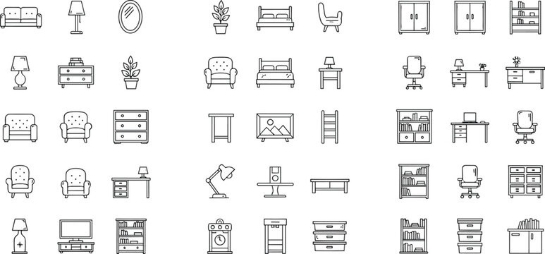 Vector Set of Furniture and Home Interior Line Icons Including Sofa, Chair, Table, Lamp, Cabinet and Decor Elements for UI Design