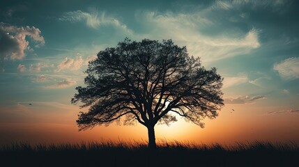 Obraz premium Silhouette of a large tree against a colorful sunset sky with clouds and distant grassland, creating a serene natural landscape scene