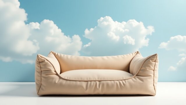 A dog bed sits on a clean white floor, perfect for use in lifestyle or commercial photography