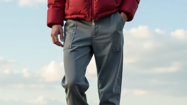 A person wearing a red jacket is standing on a skateboard, ready to ride