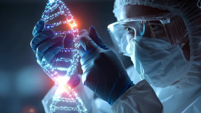 Scientist examines a glowing DNA strand in a laboratory during research on genetics and molecular biology