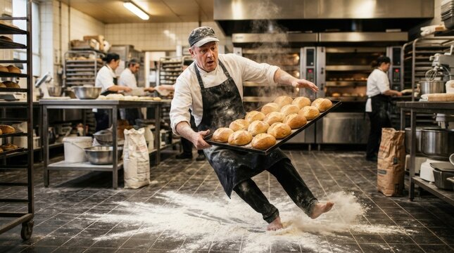 Baker carrying hot tray without mitts slipping in busy kitchen