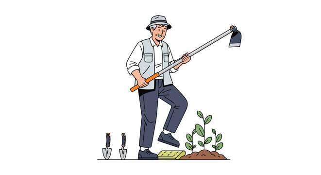 Senior farmer planting sapling with gardening tools isolated on white background