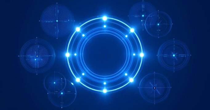 Glowing Tech Circle: An abstract representation of technological advancement and interconnected systems, rendered with vibrant, radiant blue circles, symbolizing innovation, progress.