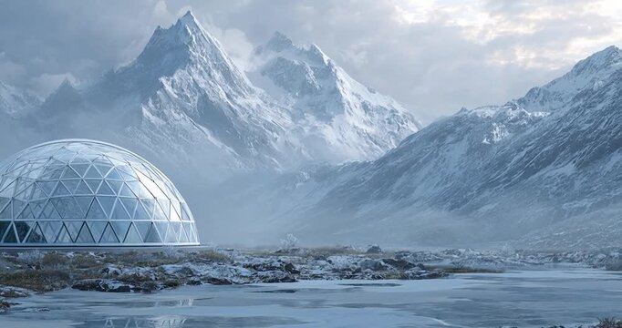 A Winter's Embrace: A futuristic geodesic dome stands in a snow-covered landscape, overlooked by majestic, icy mountains, conveying a sense of serenity and the resilience of human ingenuity.