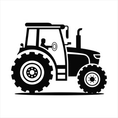 Obraz premium A bold black and white silhouette of a farming tractor with a driver inside on a clean white background