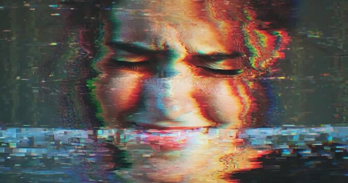 Digital Disruption: A person's face is distorted by digital noise, pixelated, glitch-effect, evokes the feeling of digital turmoil.