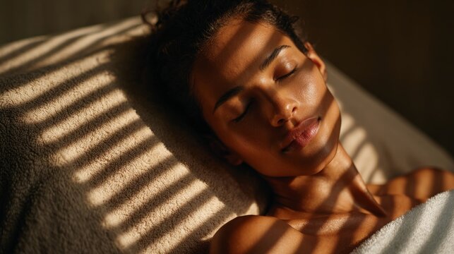 spa scene - close-up of a woman lying on a massage bed with closed eyes