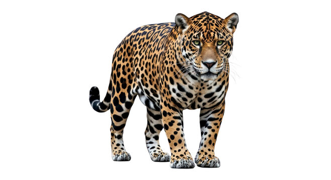 Majestic jaguar stands tall showcasing its beautiful spotted coat and powerful presence.