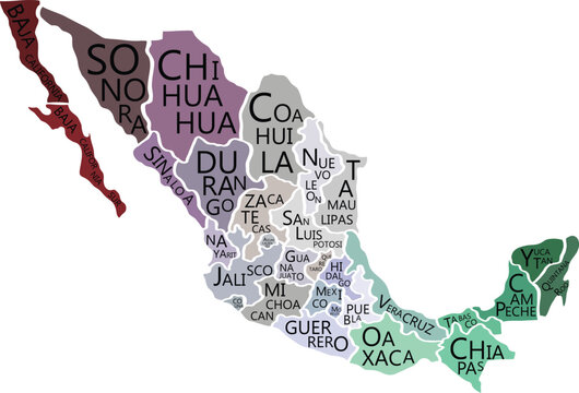 Colorful map of mexico with all states names on white background