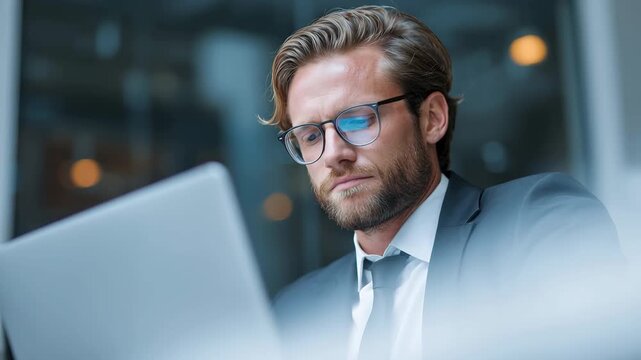 Businessman focused on work in modern office setting with laptop during daytime