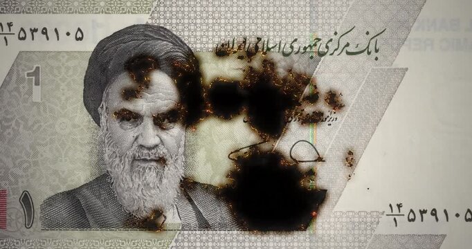10000-rial Iranian banknote with smoldering and slowly burning from the glowing edge, a paper money of Iran, burning banknote turning to ash with glowing embers, loop footage