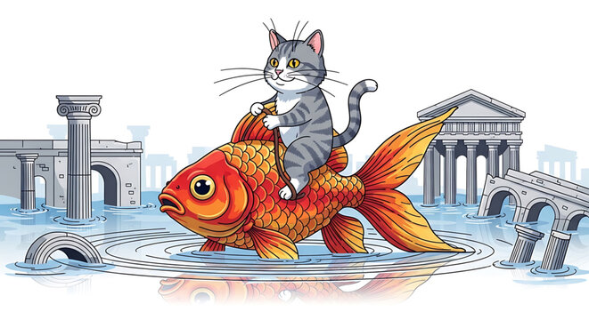 A whimsical vector illustration of a cat riding a goldfish through flooded ancient ruins