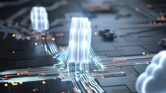 Cloud computer technology system enabling seamless data transfer and connectivity across virtual networks in a futuristic digital landscape