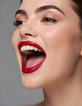 preciosa mujer con la boca abieta y ene&ntilde;ando sus piezas dentales.