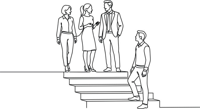Business people standing on steps discussing ideas symbolizing career growth hierarchy teamwork and professional development line art illustration