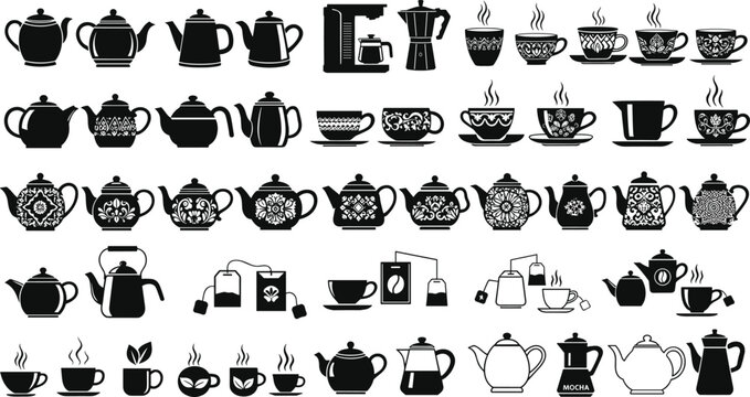 Vector Set of Teapots, Coffee Makers, Cups, and Tea Bags with Floral Patterns for Tea, Coffee, and Beverage Illustrations