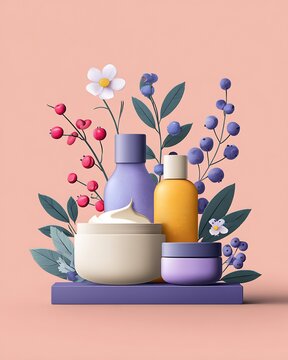 Cosmetic skincare product display with jars and bottles surrounded by botanical flowers and berries on a peach pastel background